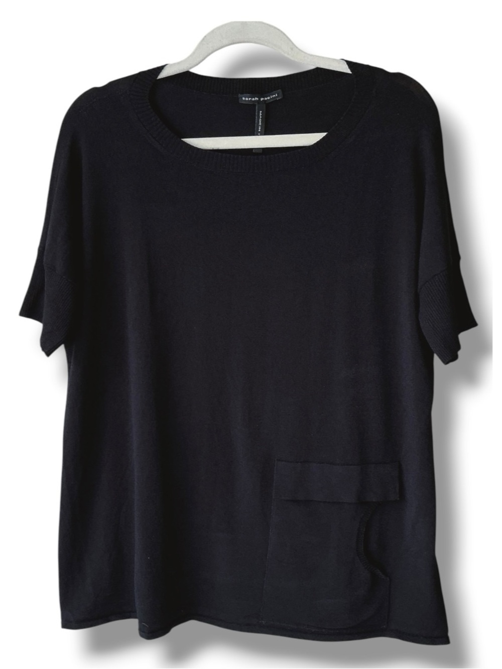 Sarah Pacini Short Sleeve Fluid Drape Viscose Knit Sweater in Black One Size